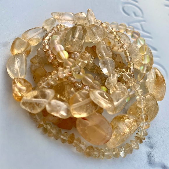 Natural Yellow Citrine & Matte Quartz Gemstone Mixed Bead Bracelet Stack - Picture 1 of 6
